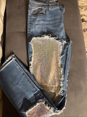 Hot & Delicious Blue Skinny Jeans with Holographic Sequin Panels
